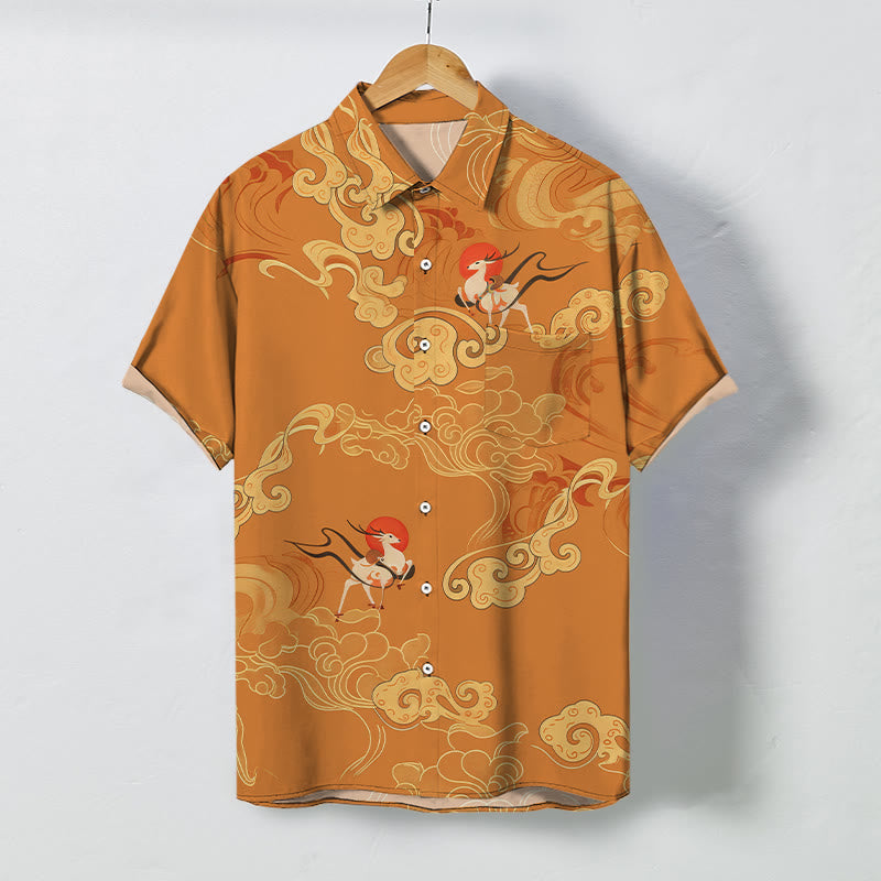 Nimara Ritual Auspicious Cloud Celestial Crane Pattern Buttons Breathable Men's Short Sleeve Shirt