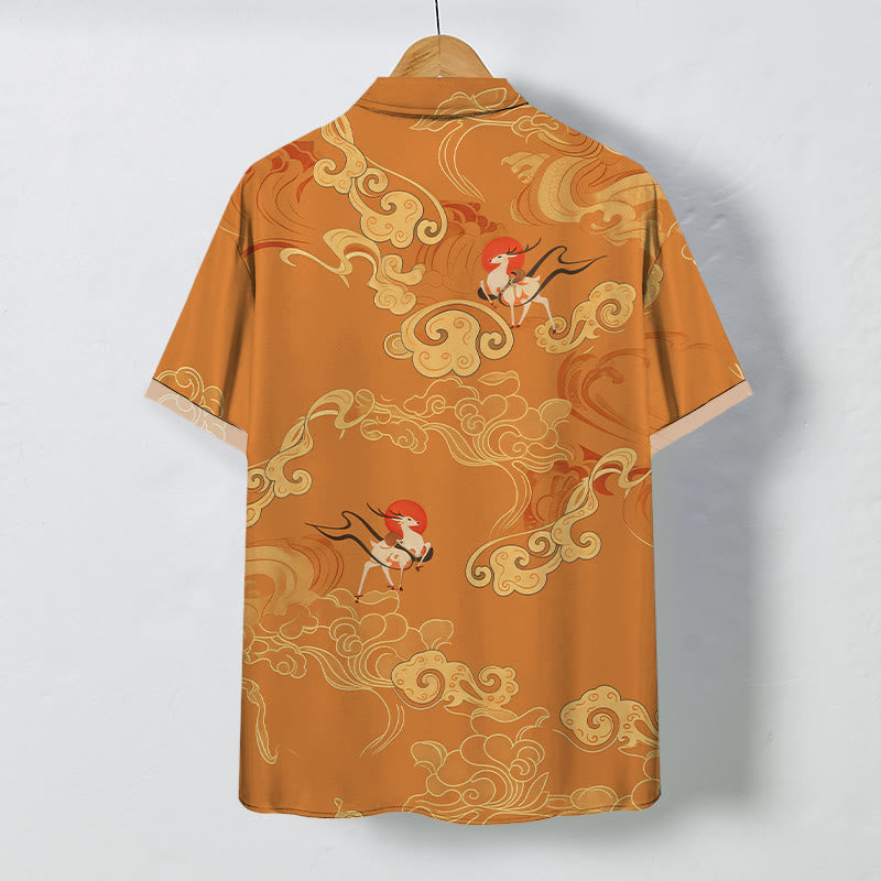 Nimara Ritual Auspicious Cloud Celestial Crane Pattern Buttons Breathable Men's Short Sleeve Shirt
