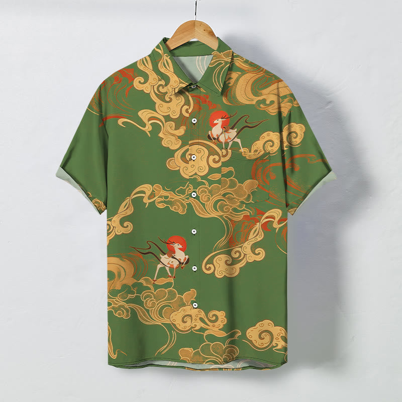 Nimara Ritual Auspicious Cloud Celestial Crane Pattern Buttons Breathable Men's Short Sleeve Shirt