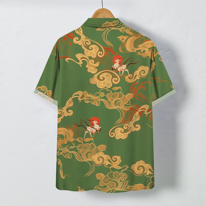 Nimara Ritual Auspicious Cloud Celestial Crane Pattern Buttons Breathable Men's Short Sleeve Shirt