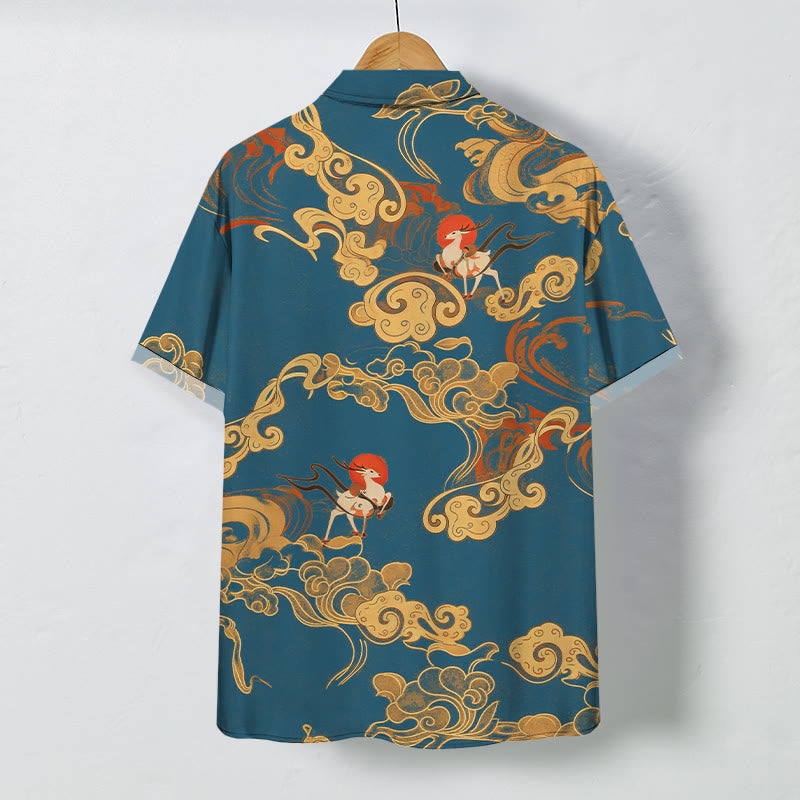 Nimara Ritual Auspicious Cloud Celestial Crane Pattern Buttons Breathable Men's Short Sleeve Shirt