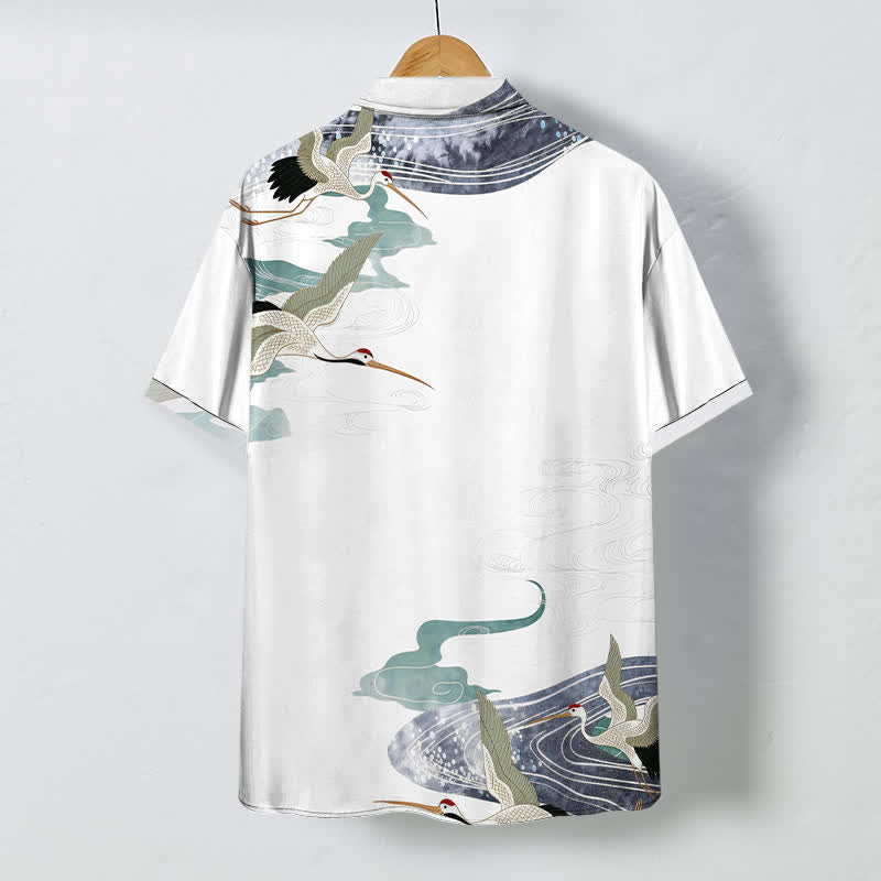 Nimara Ritual Crane Wave Cloud Pattern Buttons Breathable Men's Short Sleeve Shirt