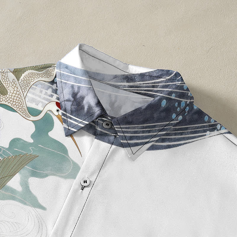 Nimara Ritual Crane Wave Cloud Pattern Buttons Breathable Men's Short Sleeve Shirt