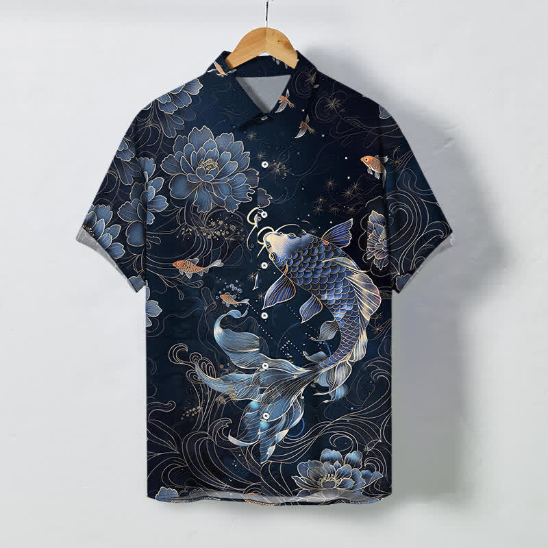 Nimara Ritual Blue Koi Lotus Pattern Buttons Breathable Men's Short Sleeve Shirt
