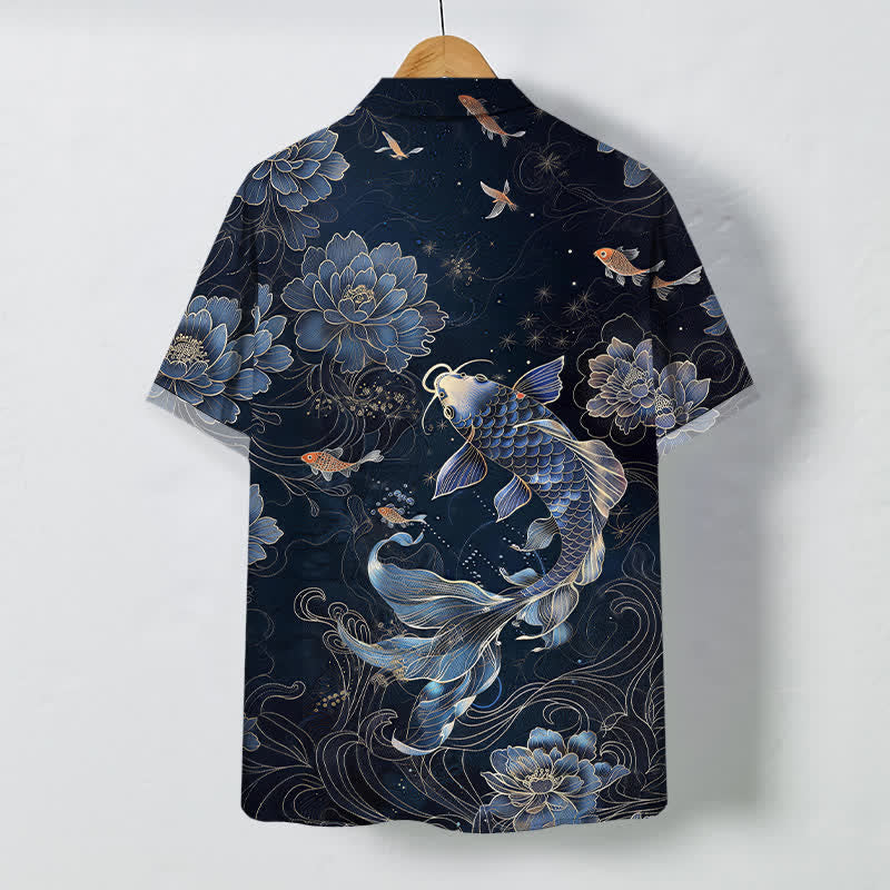 Nimara Ritual Blue Koi Lotus Pattern Buttons Breathable Men's Short Sleeve Shirt