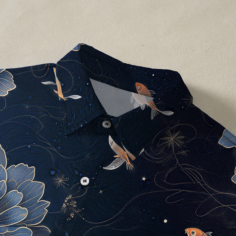 Nimara Ritual Blue Koi Lotus Pattern Buttons Breathable Men's Short Sleeve Shirt