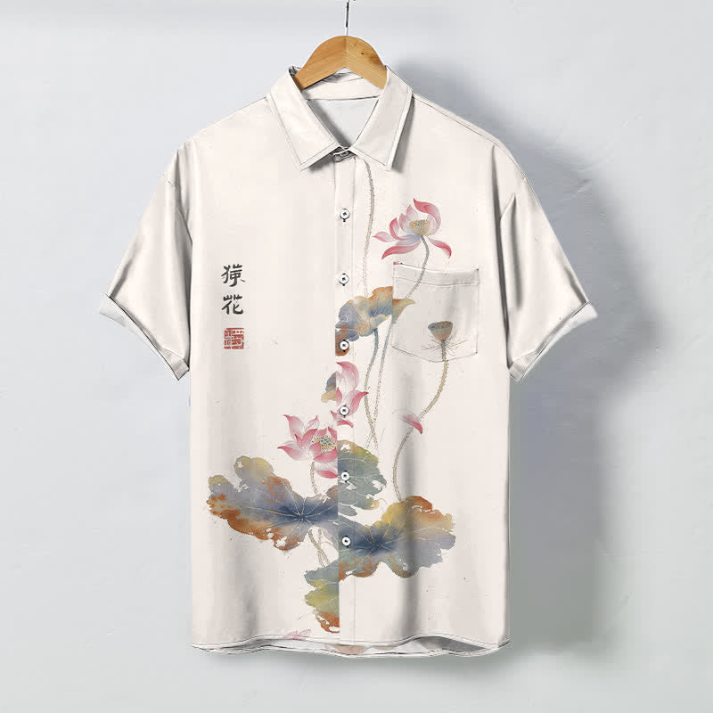 Nimara Ritual Ink Lotus Calligraphy Pattern Buttons Breathable Men's Short Sleeve Shirt