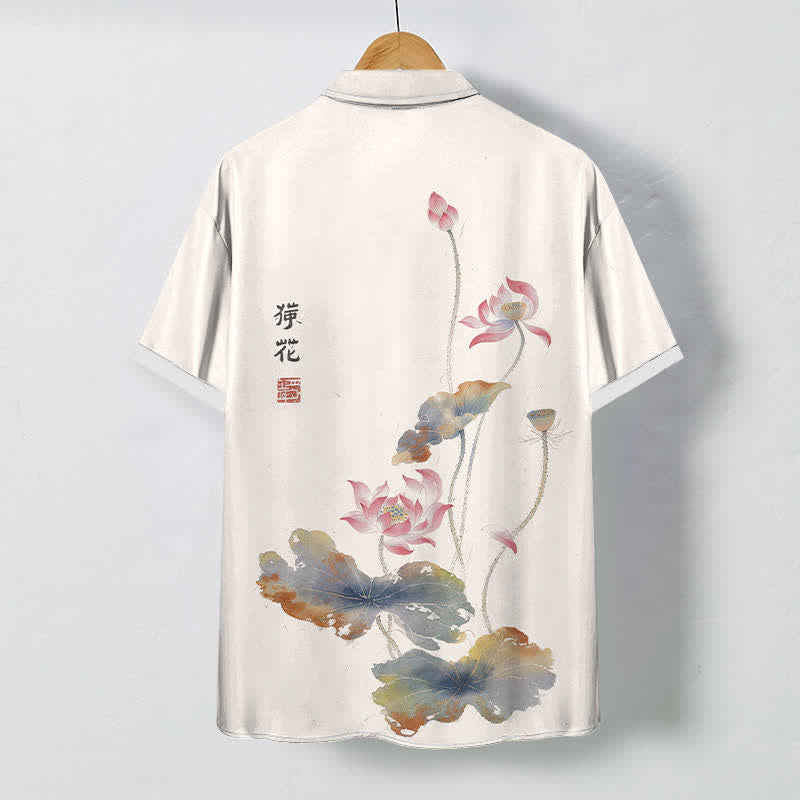 Nimara Ritual Ink Lotus Calligraphy Pattern Buttons Breathable Men's Short Sleeve Shirt