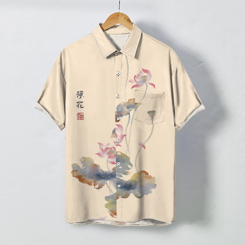 Nimara Ritual Ink Lotus Calligraphy Pattern Buttons Breathable Men's Short Sleeve Shirt