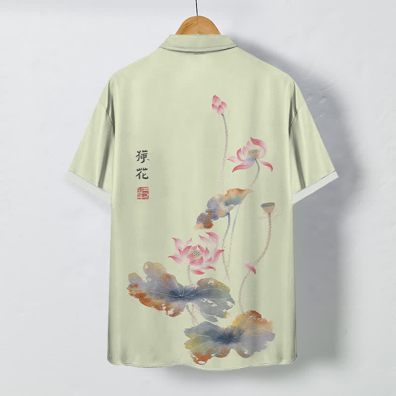 Nimara Ritual Ink Lotus Calligraphy Pattern Buttons Breathable Men's Short Sleeve Shirt
