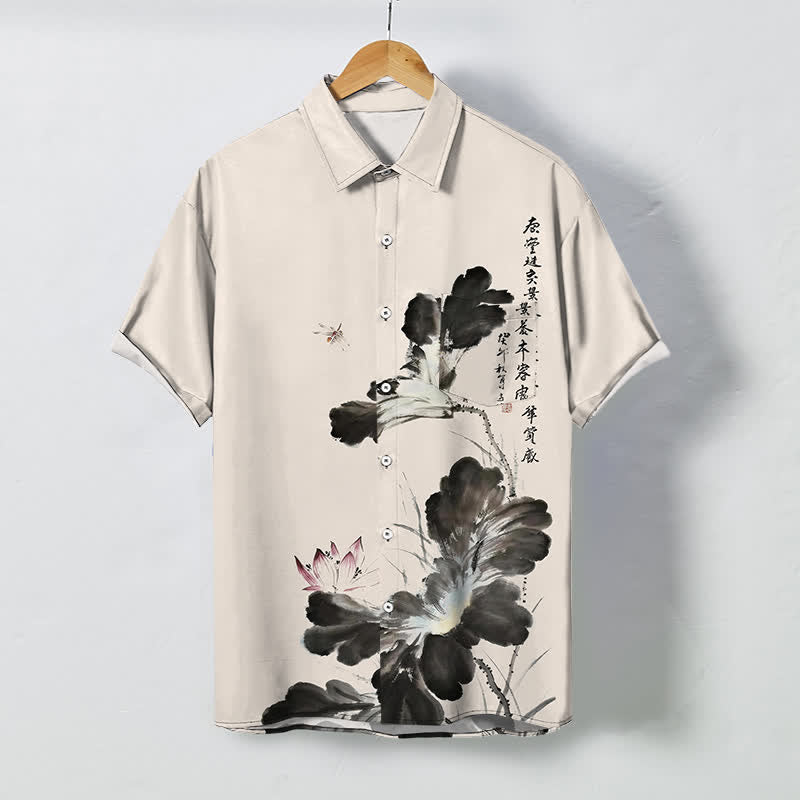 Nimara Ritual Ink Floral Calligraphy Pattern Buttons Breathable Men's Short Sleeve Shirt