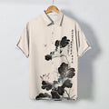 Nimara Ritual Ink Floral Calligraphy Pattern Buttons Breathable Men's Short Sleeve Shirt