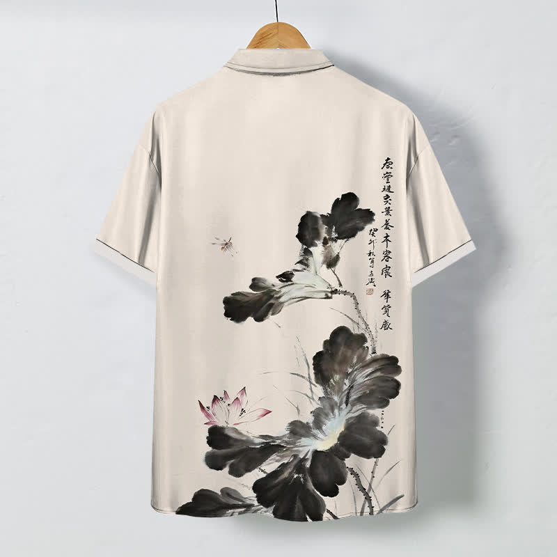 Nimara Ritual Ink Floral Calligraphy Pattern Buttons Breathable Men's Short Sleeve Shirt