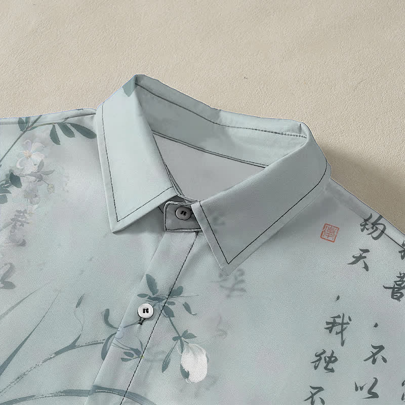 Nimara Ritual Ink Bamboo Calligraphy Pattern Buttons Breathable Men's Short Sleeve Shirt