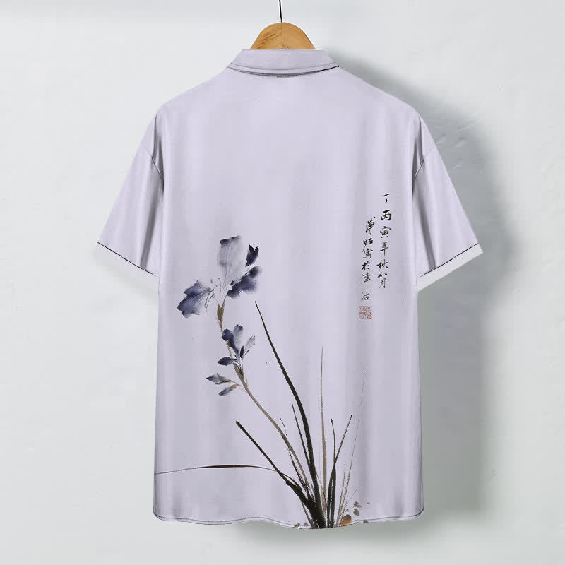 Nimara Ritual Ink Floral Calligraphy Seal Pattern Buttons Breathable Men's Short Sleeve Shirt