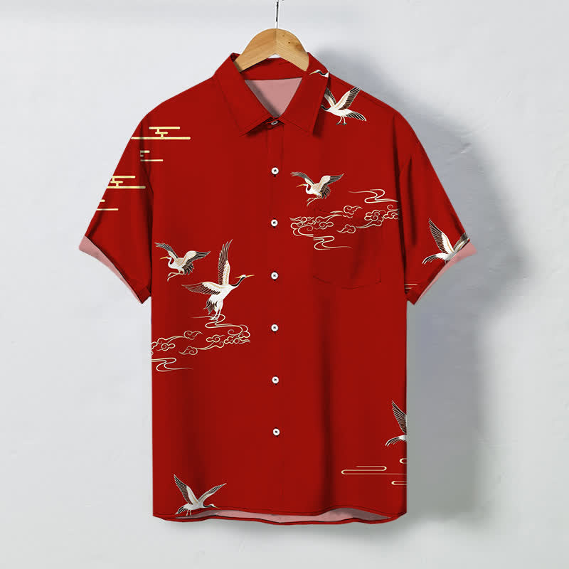 Nimara Ritual Red Crane Cloud Pattern Buttons Wrinkle-resistant Men's Short Sleeve Shirt