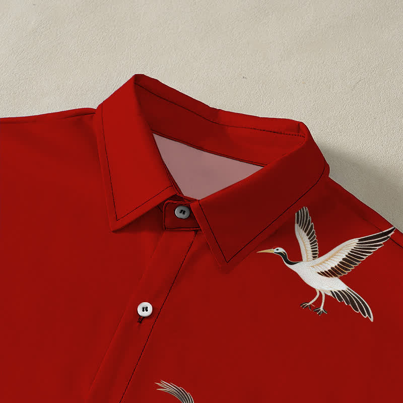 Nimara Ritual Red Crane Cloud Pattern Buttons Wrinkle-resistant Men's Short Sleeve Shirt