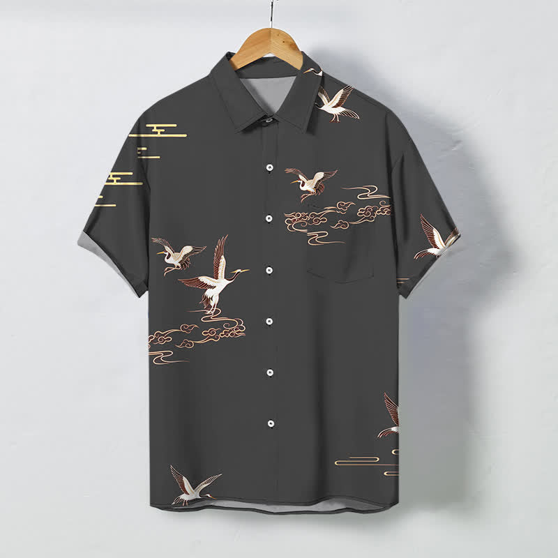 Nimara Ritual Red Crane Cloud Pattern Buttons Wrinkle-resistant Men's Short Sleeve Shirt