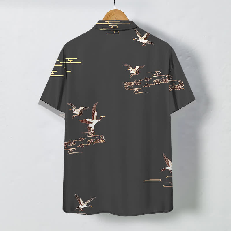 Nimara Ritual Red Crane Cloud Pattern Buttons Wrinkle-resistant Men's Short Sleeve Shirt