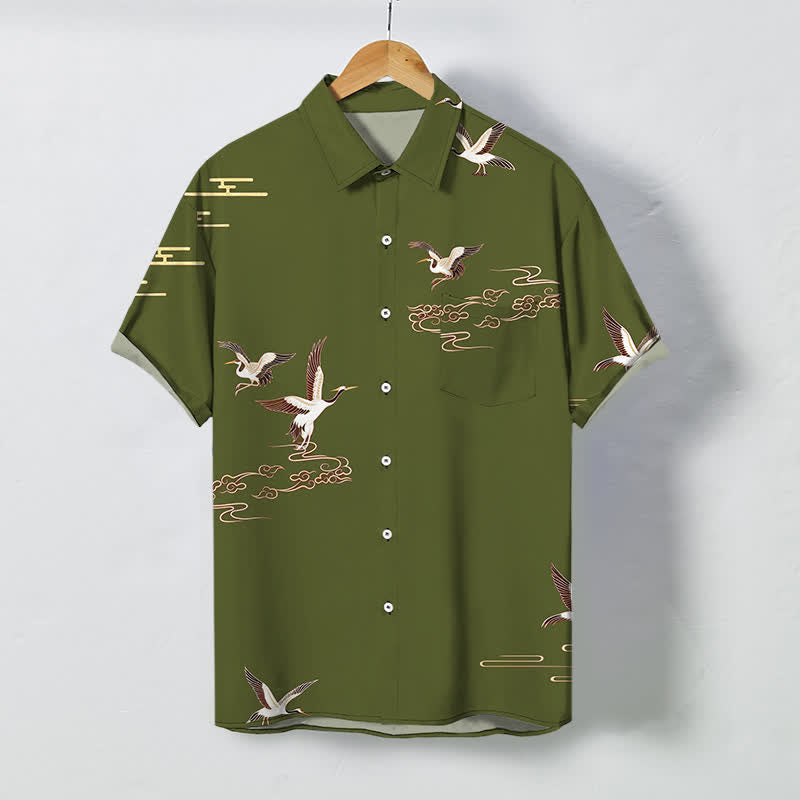 Nimara Ritual Red Crane Cloud Pattern Buttons Wrinkle-resistant Men's Short Sleeve Shirt