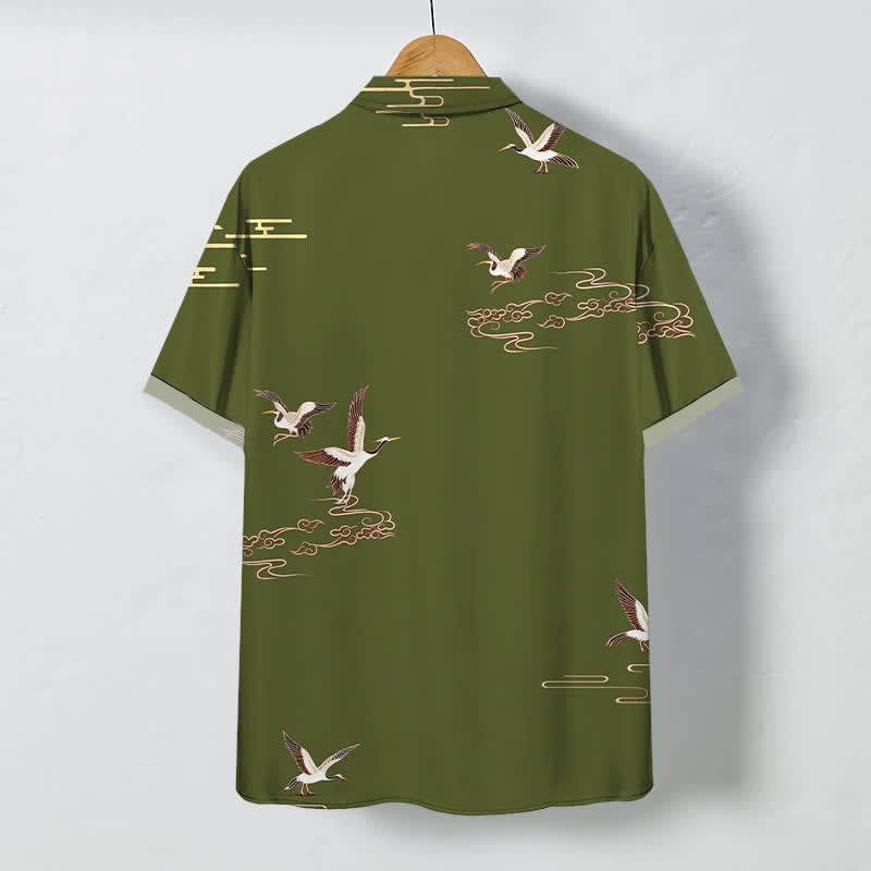 Nimara Ritual Red Crane Cloud Pattern Buttons Wrinkle-resistant Men's Short Sleeve Shirt