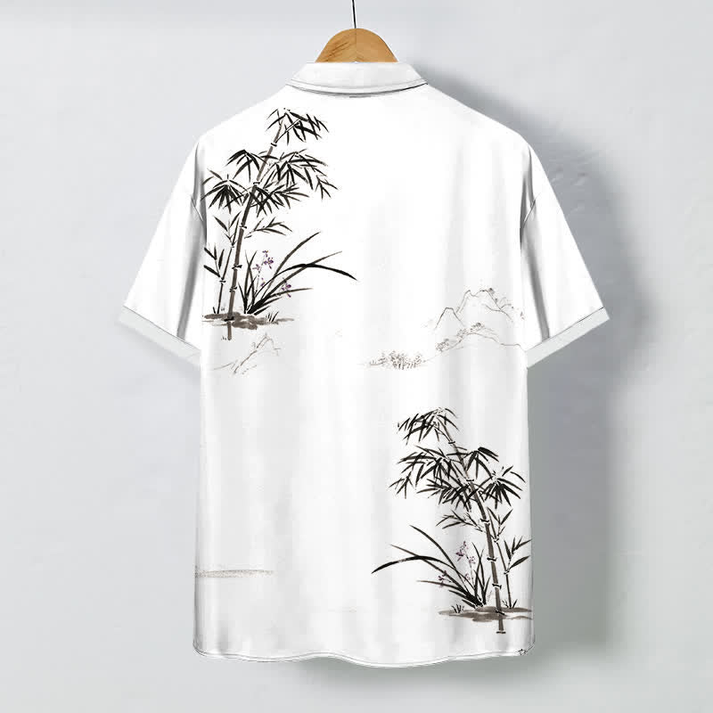 Nimara Ritual Ink Bamboo Landscape Pattern Buttons Breathable Men's Short Sleeve Shirt