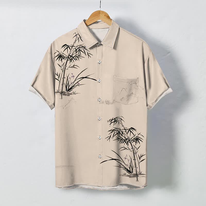 Nimara Ritual Ink Bamboo Landscape Pattern Buttons Breathable Men's Short Sleeve Shirt