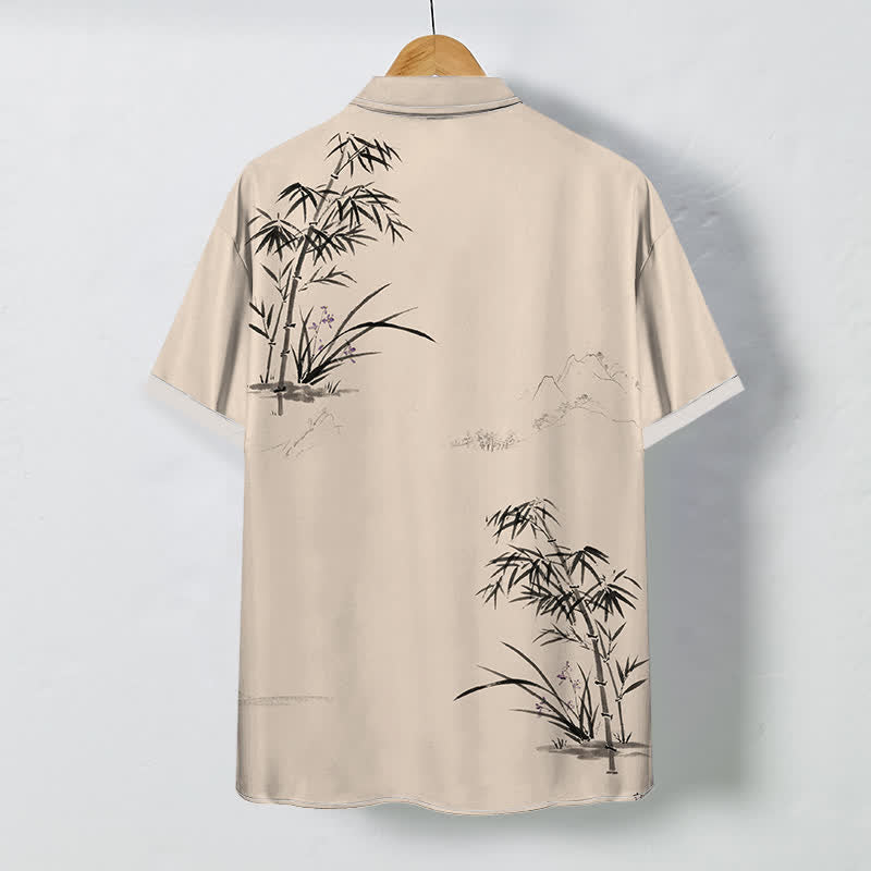 Nimara Ritual Ink Bamboo Landscape Pattern Buttons Breathable Men's Short Sleeve Shirt