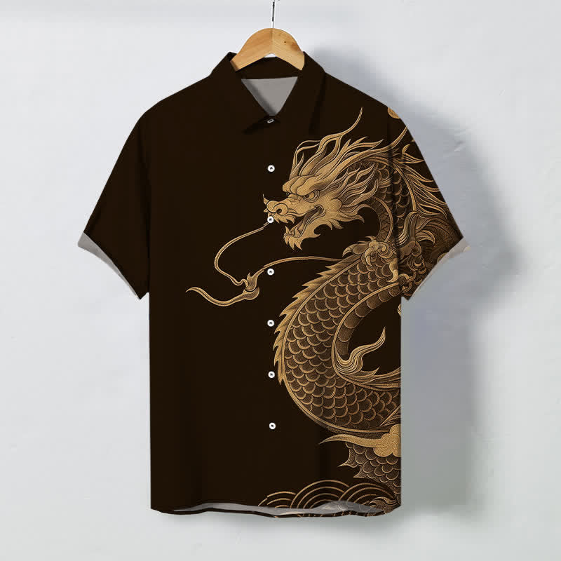 Nimara Ritual Golden Eastern Dragon Pattern Buttons Breathable Men's Short Sleeve Shirt