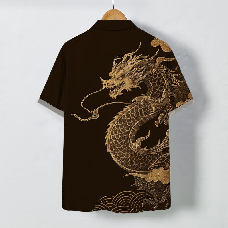 Nimara Ritual Golden Eastern Dragon Pattern Buttons Breathable Men's Short Sleeve Shirt