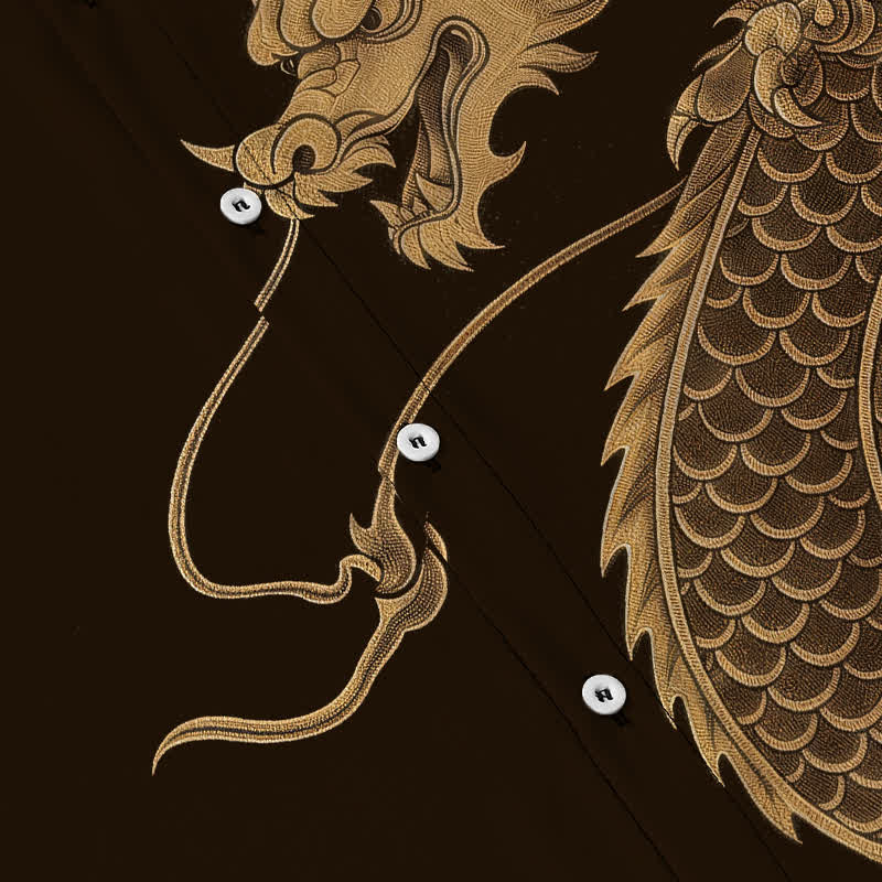 Nimara Ritual Golden Eastern Dragon Pattern Buttons Breathable Men's Short Sleeve Shirt