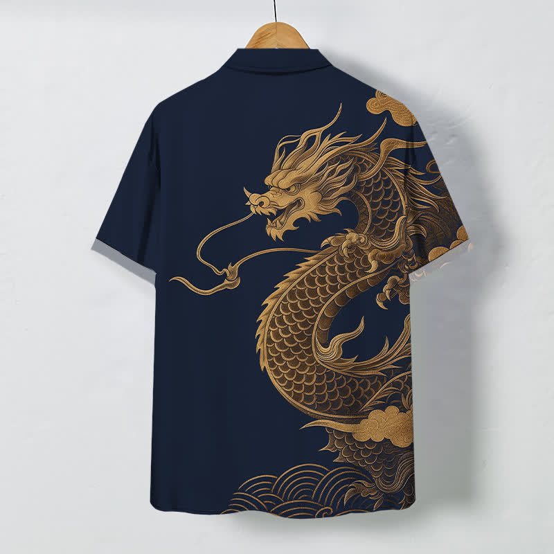 Nimara Ritual Golden Eastern Dragon Pattern Buttons Breathable Men's Short Sleeve Shirt
