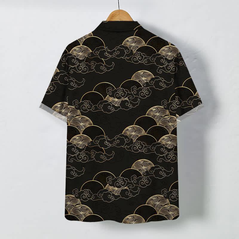 Nimara Ritual Golden Cloud Wave Moon Pattern Buttons Breathable Men's Short Sleeve Shirt