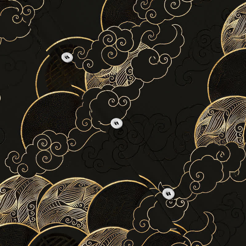 Nimara Ritual Golden Cloud Wave Moon Pattern Buttons Breathable Men's Short Sleeve Shirt