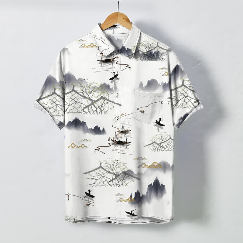 Nimara Ritual Ink Landscape Mountain Boat Pattern Buttons Breathable Men's Short Sleeve Shirt