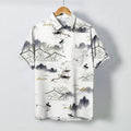 Nimara Ritual Ink Landscape Mountain Boat Pattern Buttons Breathable Men's Short Sleeve Shirt