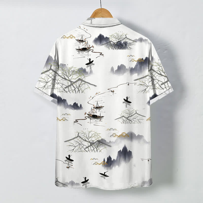 Nimara Ritual Ink Landscape Mountain Boat Pattern Buttons Breathable Men's Short Sleeve Shirt
