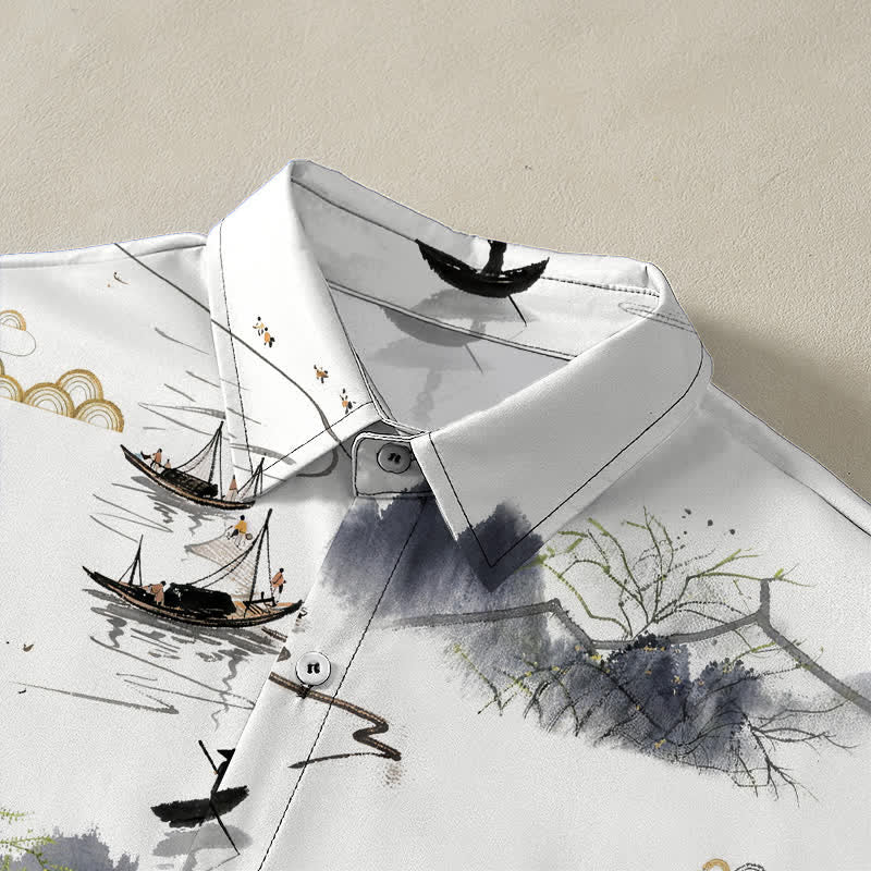 Nimara Ritual Ink Landscape Mountain Boat Pattern Buttons Breathable Men's Short Sleeve Shirt