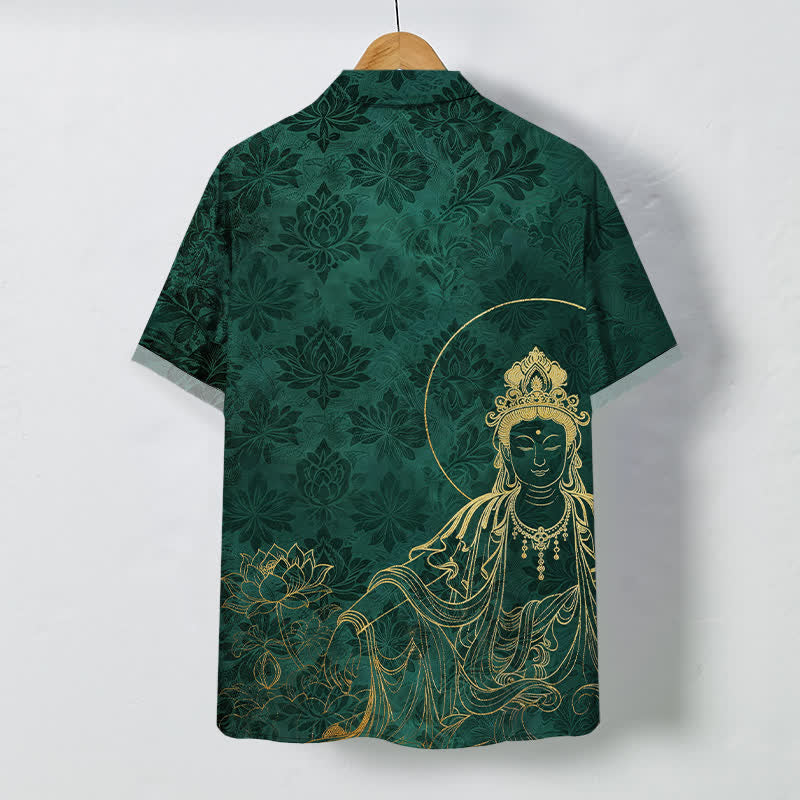 Nimara Ritual Vintage Botanical Lotus Figure Pattern Buttons Wrinkle-resistant Men's Short Sleeve Shirt