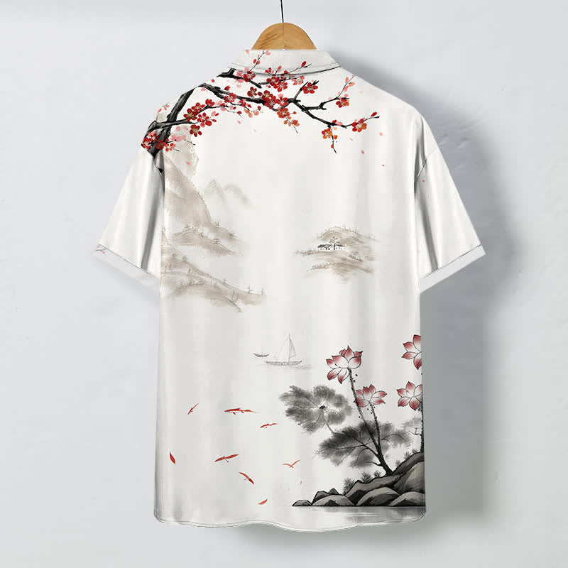 Nimara Ritual Ink Landscape Red Blossom Pattern Buttons Breathable Men's Short Sleeve Shirt