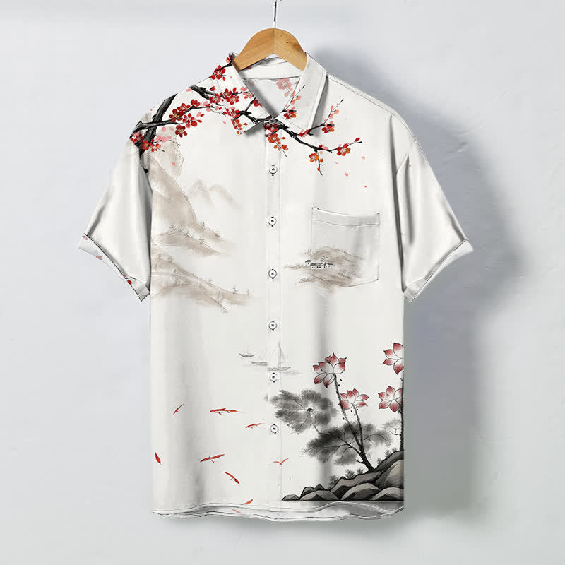 Nimara Ritual Ink Landscape Red Blossom Pattern Buttons Breathable Men's Short Sleeve Shirt