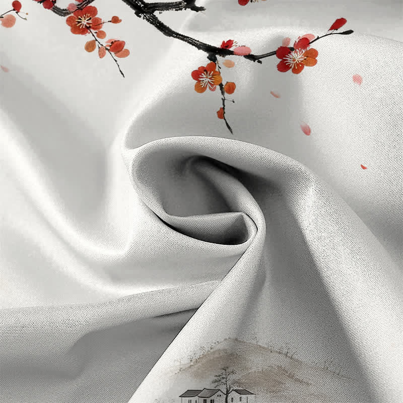 Nimara Ritual Ink Landscape Red Blossom Pattern Buttons Breathable Men's Short Sleeve Shirt