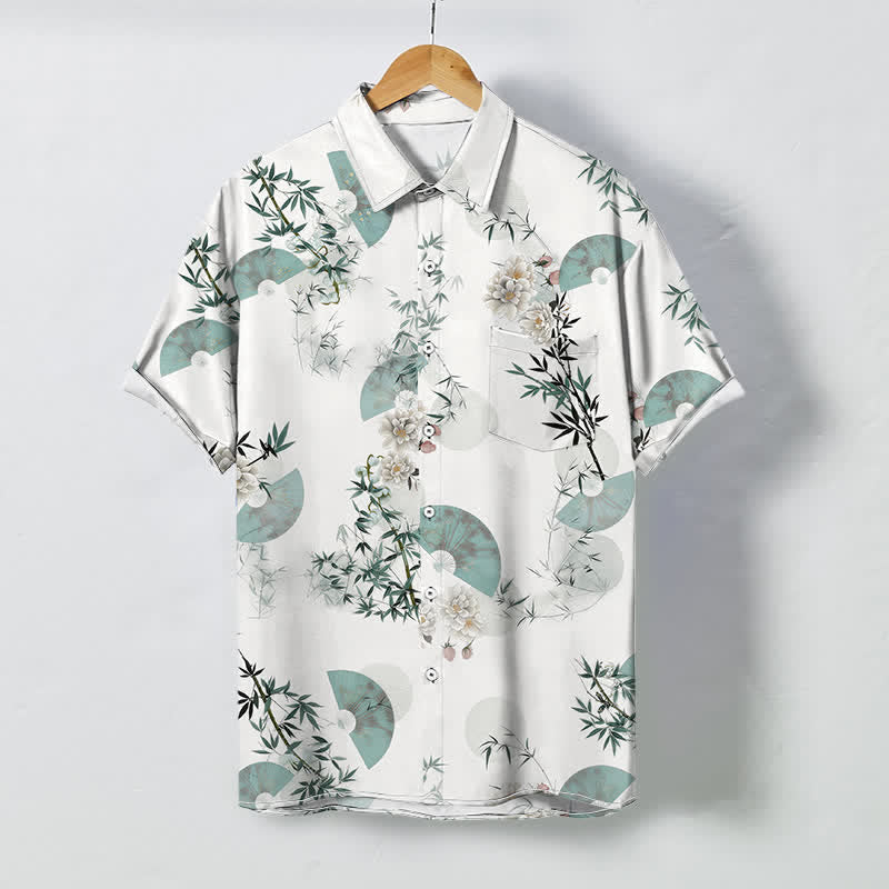 Nimara Ritual Mint Fan Bamboo Blossom Pattern Buttons Breathable Men's Short Sleeve Shirt