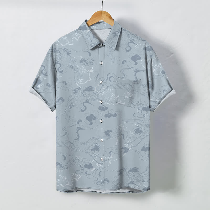 Nimara Ritual Cloud Crane Pattern Buttons Breathable Men's Short Sleeve Shirt