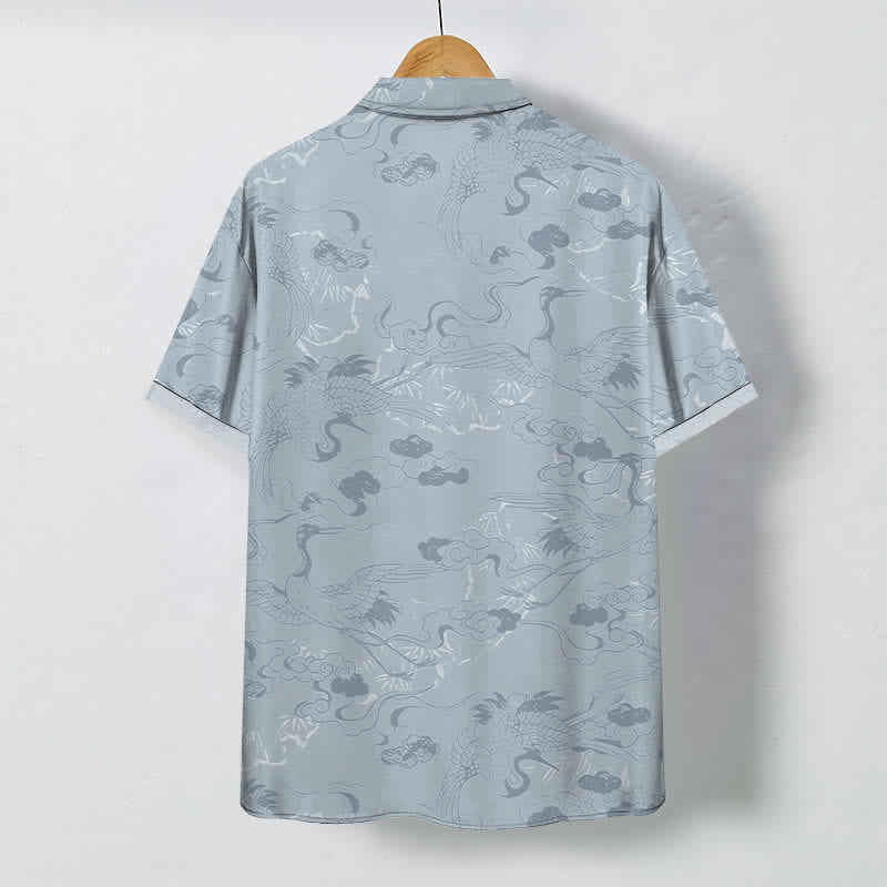 Nimara Ritual Cloud Crane Pattern Buttons Breathable Men's Short Sleeve Shirt