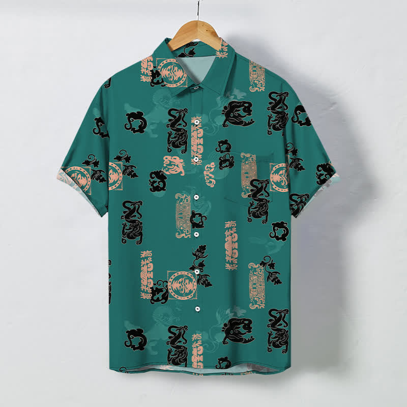 Nimara Ritual Vintage Teal Letter Pattern Buttons Breathable Men's Short Sleeve Shirt