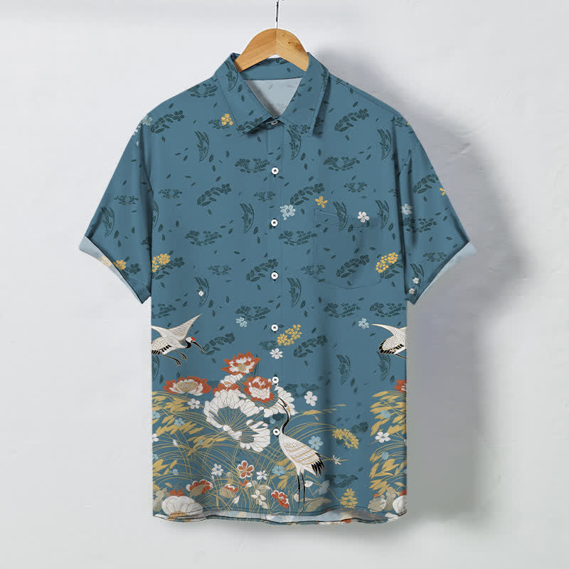 Nimara Ritual Floral Crane Pattern Buttons Breathable Men's Short Sleeve Shirt
