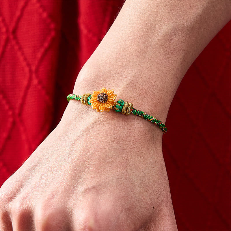 Nimara Ritual Hand-Woven Colorful Green Yellow String Sunflower Hope Bracelet