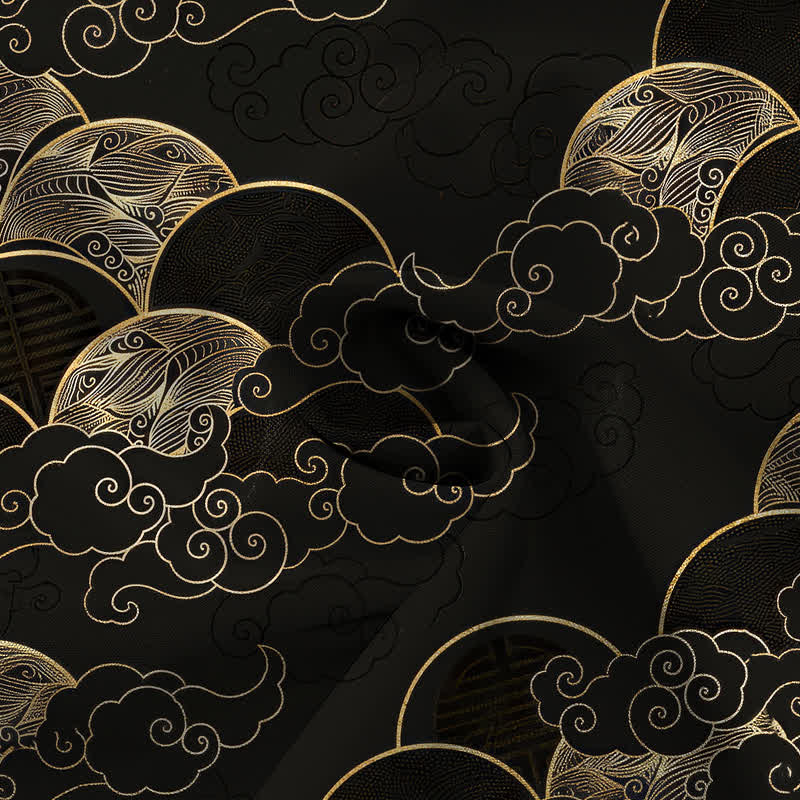Nimara Ritual Golden Cloud Wave Moon Pattern Buttons Breathable Men's Short Sleeve Shirt