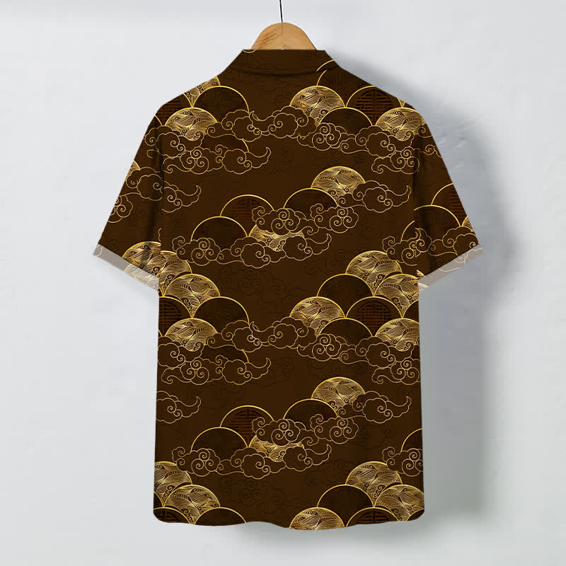 Nimara Ritual Golden Cloud Wave Moon Pattern Buttons Breathable Men's Short Sleeve Shirt